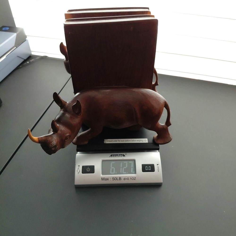 Vintage Hand Carved Natural Wood African RHINO Bookends Heavy Artist Detailed - Picture 15 of 16